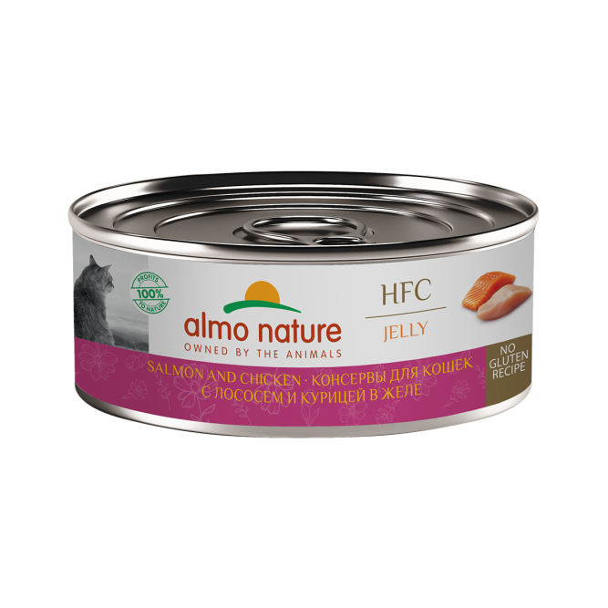 Almo Nature HFC Jelly Salmon and Chicken влажный корм для взрослых кошек и котят с 3-х месяцев с лососем и курицей в желе, в консервах - 100 г х 12 шт