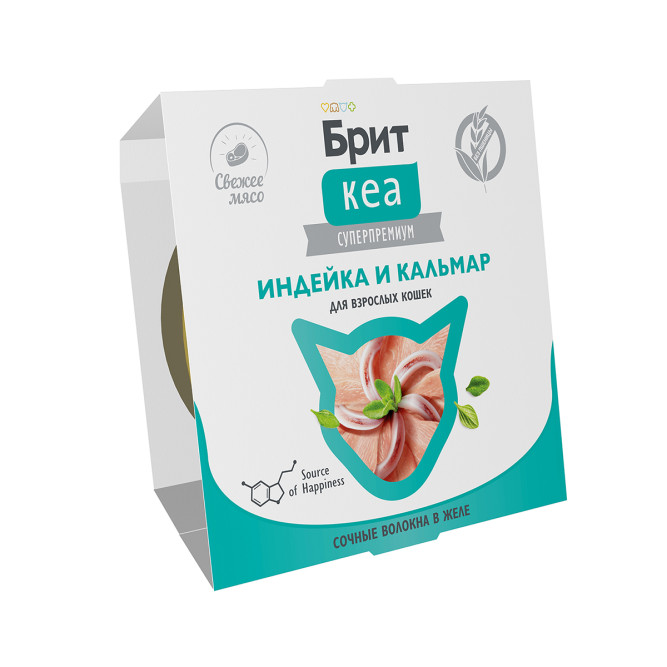Брит Кеа влажный дополнительный корм для взрослых кошек с индейкой и кальмаром, волокна в желе, в ламистерах - 75 г х 12 шт