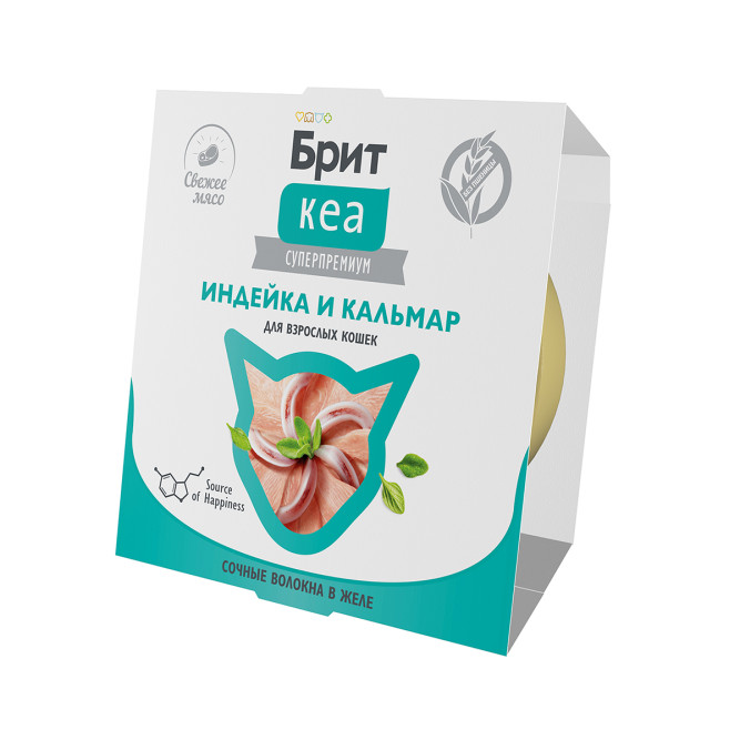 Брит Кеа влажный дополнительный корм для взрослых кошек с индейкой и кальмаром, волокна в желе, в ламистерах - 75 г х 12 шт