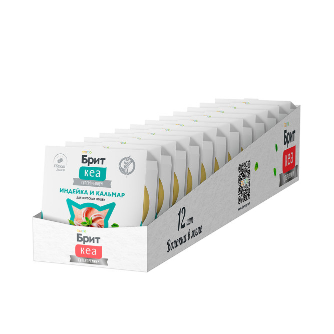 Брит Кеа влажный дополнительный корм для взрослых кошек с индейкой и кальмаром, волокна в желе, в ламистерах - 75 г х 12 шт