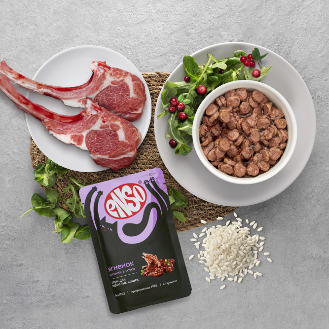 ENSO влажный корм для взрослых кошек, кусочки в соусе с ягненком, в паучах - 85 г х 24 шт