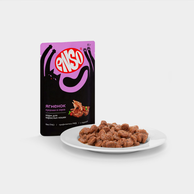 ENSO влажный корм для взрослых кошек, кусочки в соусе с ягненком, в паучах - 85 г х 24 шт