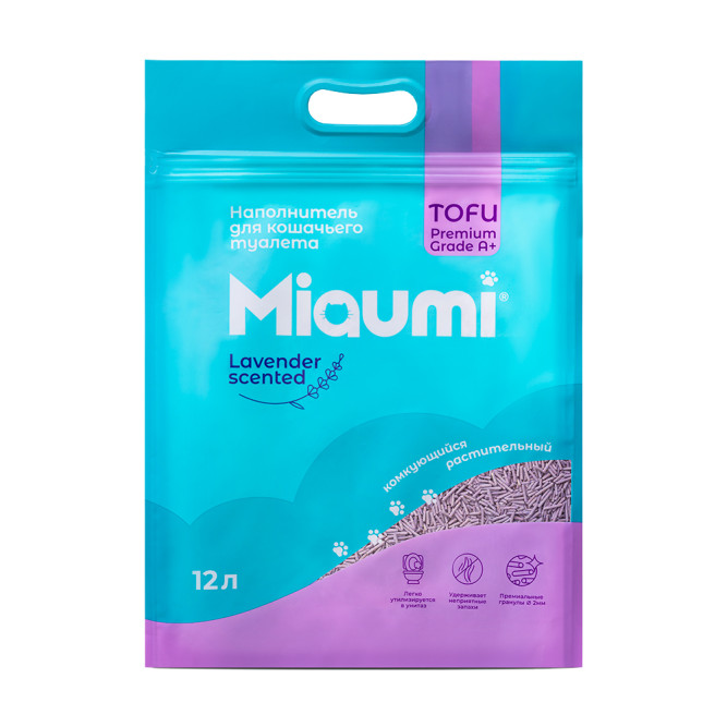 Miaumi TOFU Lavender Scented наполнитель комкующийся соевый для кошачьего туалета, с нежным ароматом лаванды - 12 л (5 кг)