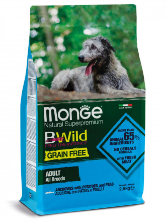 Monge Dog BWild Grain Free сухой беззерновой корм для собак всех пород с анчоусом ис картофелем 2,5 кг