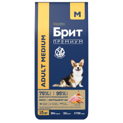 Брит Премиум Dog Adult Medium сухой корм для взрослых собак средних пород с курицей - 15 кг