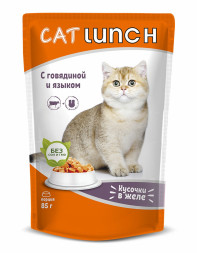 Cat Lunch влажный корм для взрослых кошек кусочки в желе с говядиной и языком, в паучах - 85 г х 24 шт