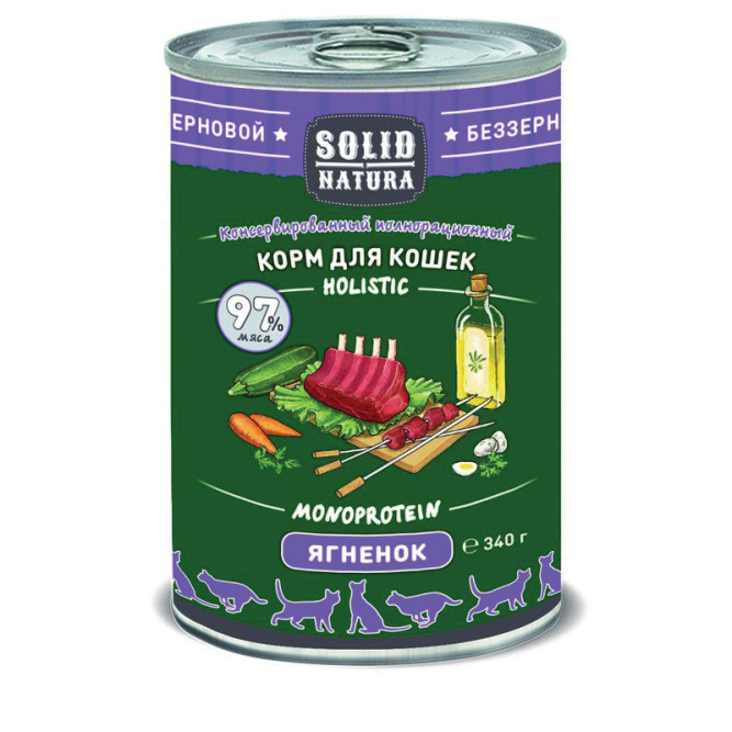 Solid Natura Holistic влажный корм для взрослых кошек с ягненком, в консервах - 340 г х 12 шт