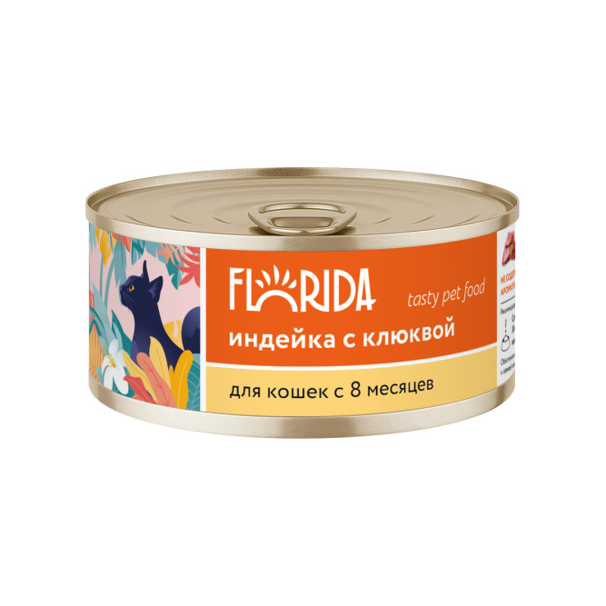 Florida влажный корм для взрослых кошек, из индейки с клюквой, в консервах - 100 г х 12 шт