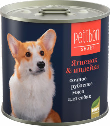 Petibon Smart влажный корм для взрослых собак, рубленое мясо с ягненком и индейкой, в консервах - 240 г х 12 шт