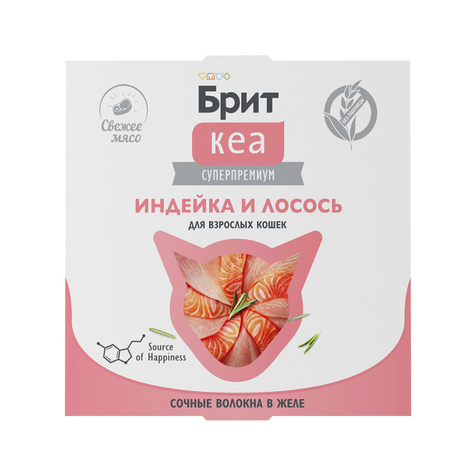 Брит Кеа влажный дополнительный корм для взрослых кошек с индейкой и лососем, волокна в желе, в ламистерах - 75 г х 12 шт