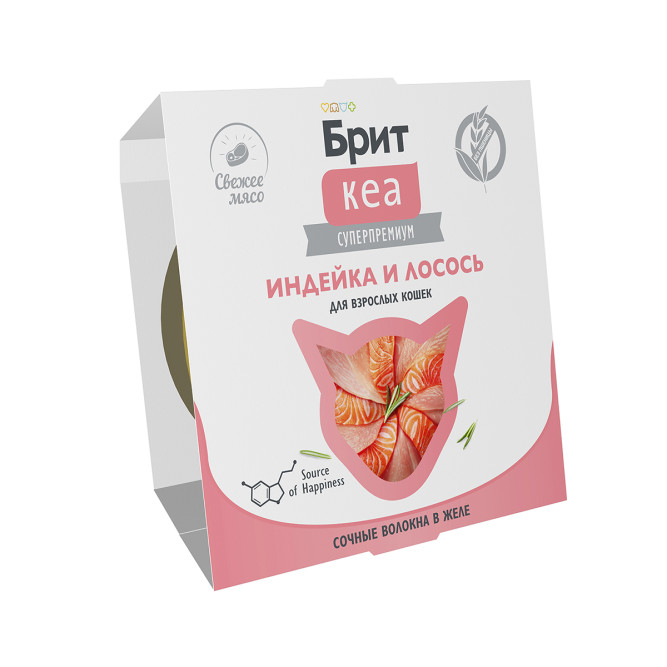 Брит Кеа влажный дополнительный корм для взрослых кошек с индейкой и лососем, волокна в желе, в ламистерах - 75 г х 12 шт