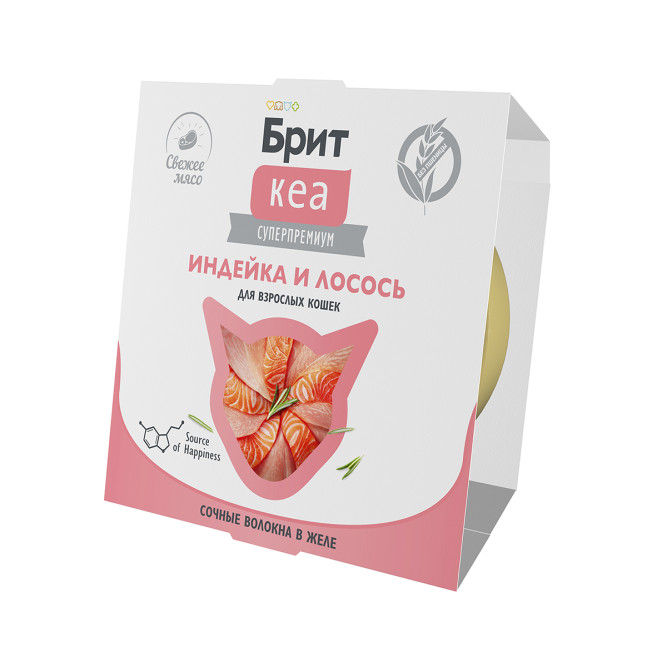 Брит Кеа влажный дополнительный корм для взрослых кошек с индейкой и лососем, волокна в желе, в ламистерах - 75 г х 12 шт