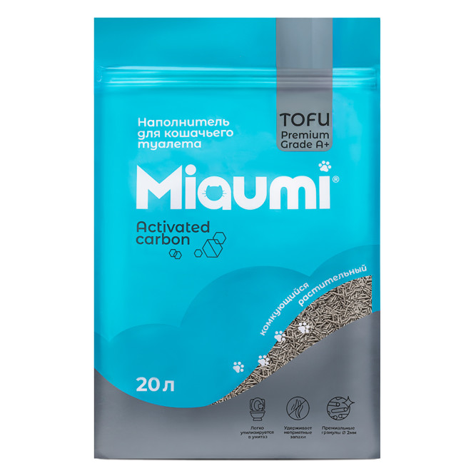 Miaumi TOFU Activated Carbon Unscented наполнитель комкующийся соевый для кошачьего туалета, с активированным углем - 20 л (8,3 кг)