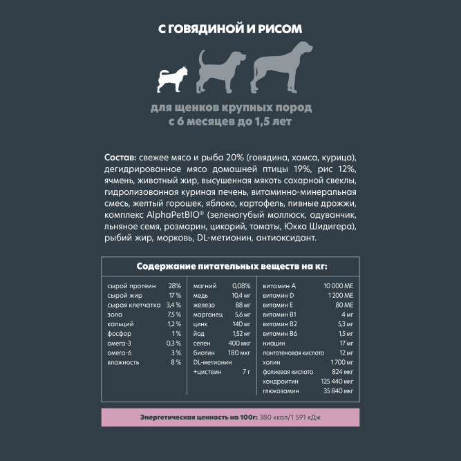 AlphaPet Superpremium сухой полнорационный корм для щенков крупных пород с 6 месяцев до 1,5 лет с говядиной и рисом - 12 кг