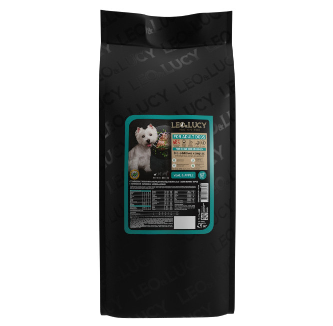 LEO&amp;LUCY сухой холистик корм для взрослых собак мелких пород с телятиной и яблоком - 4,5 кг