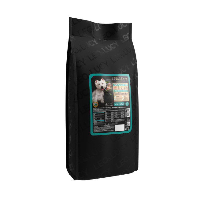LEO&amp;LUCY сухой холистик корм для взрослых собак мелких пород с телятиной и яблоком - 4,5 кг