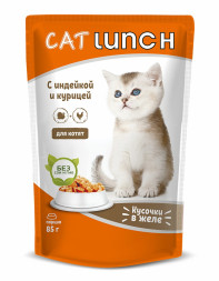 Cat Lunch влажный корм для котят кусочки в желе с индейкой и курицей, в паучах - 85 г х 24 шт