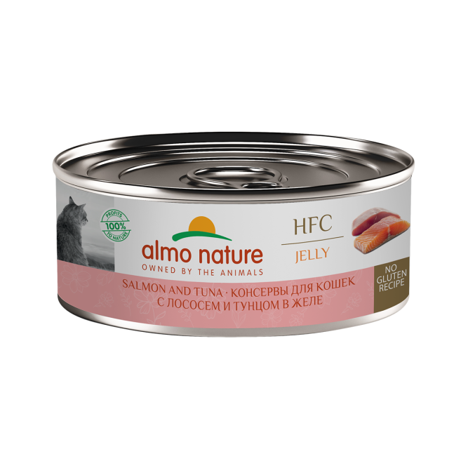 Almo Nature HFC Jelly Salmon and Tuna влажный корм для взрослых кошек и котят с 3-х месяцев с лососем и тунцом в желе, в консервах - 100 г х 12 шт