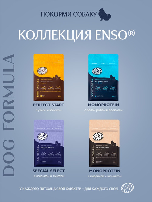 ENSO Dog Formula Monoprotein сухой корм для взрослых собак мелких и миниатюрных пород со свежей белой рыбой и добавлением брокколи - 400 г