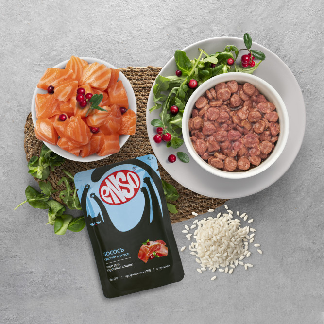 ENSO влажный корм для взрослых кошек, кусочки в соусе с лососем, в паучах - 85 г х 24 шт