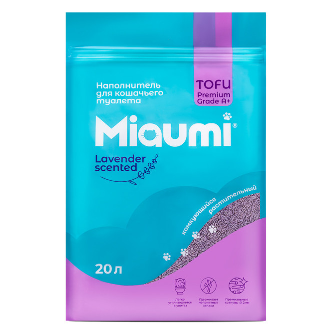 Miaumi TOFU Lavender Scented наполнитель комкующийся соевый для кошачьего туалета, с нежным ароматом лаванды - 20 л (8,3 кг)