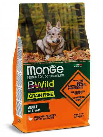 Monge Dog BWild Grain Free сухой беззерновой корм для взрослых собак всех пород с мясом утки и картофелем 2,5 кг