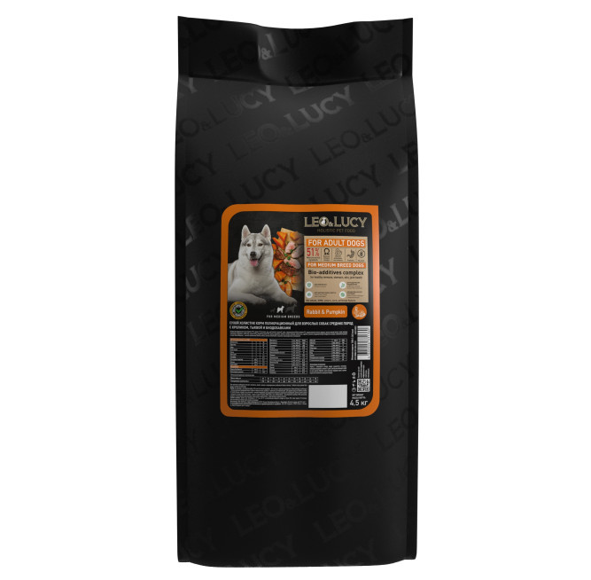 LEO&amp;LUCY сухой холистик корм для взрослых собак средних пород с кроликом и тыквой - 4,5 кг