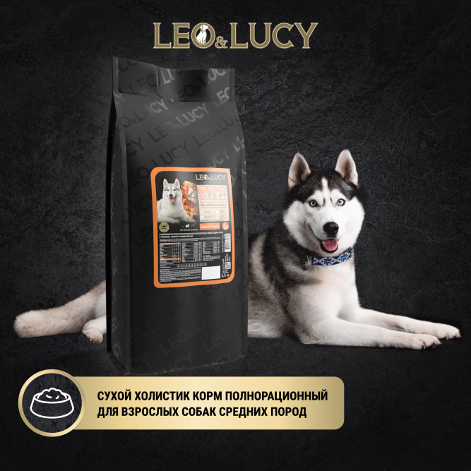 LEO&amp;LUCY сухой холистик корм для взрослых собак средних пород с кроликом и тыквой - 4,5 кг