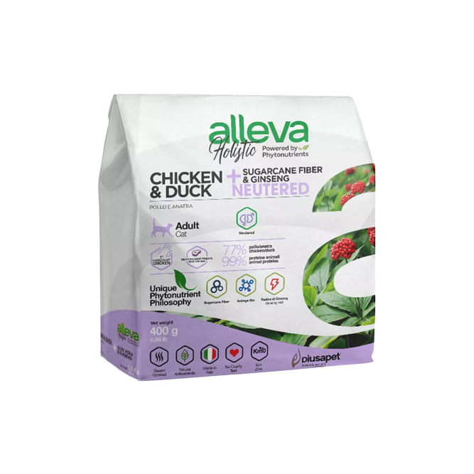 Alleva Holistic Cat Neutered сухой корм для кастрированных котов и стерилизованных кошек с курицей и уткой, волокнами сахарного тростника и женьшенем - 400 г