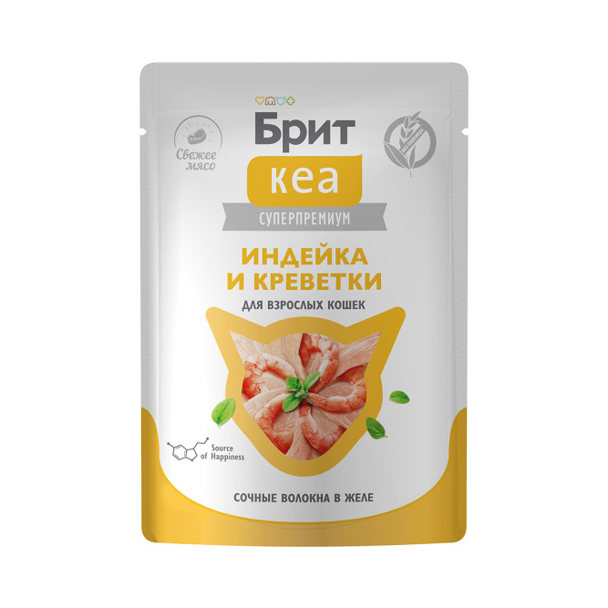 Брит Кеа влажный дополнительный корм для взрослых кошек с индейкой и креветками, волокна в желе, в паучах - 75 г х 12 шт