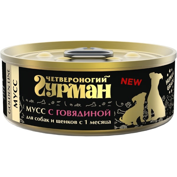 Четвероногий гурман Golden line мусс для собак и щенков с говядиной - 100 г (24 шт)