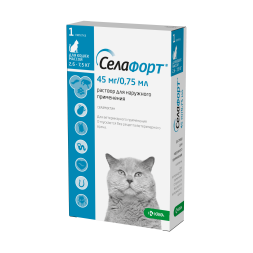 Селафорт капли от блох, вшей и власоедов для кошек весом от 2,6 до 7,5 кг - 1 пипетка (45 мг/0,75 мл)