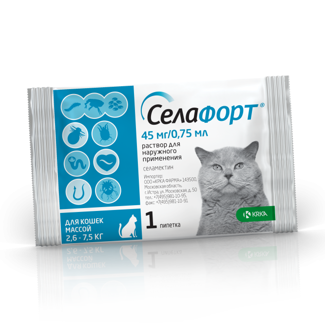 Селафорт капли от блох, вшей и власоедов для кошек весом от 2,6 до 7,5 кг - 1 пипетка (45 мг/0,75 мл)