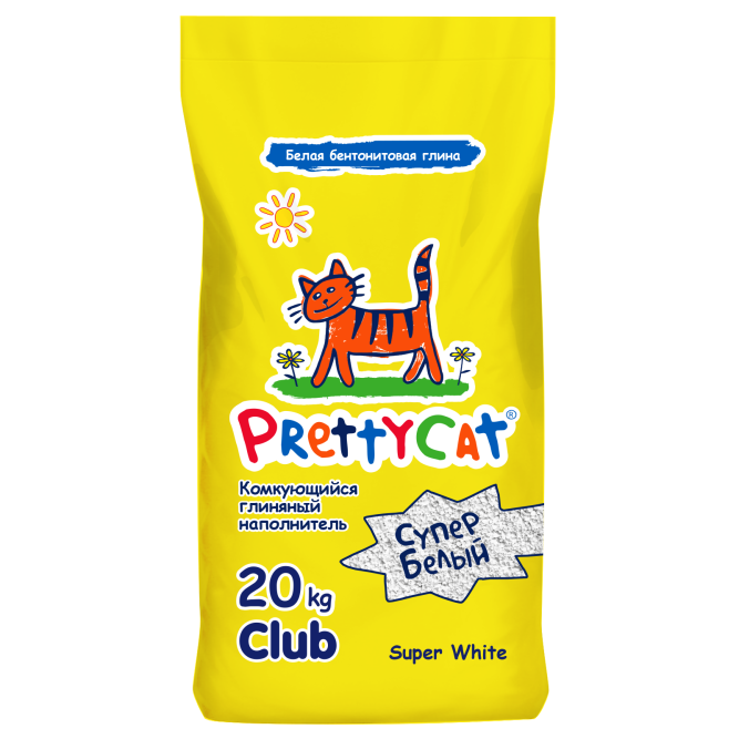 PrettyCat Cупер Белый наполнитель бентонитовый комкующийся для кошачьего туалета, без аромата - 20 кг