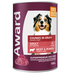 AWARD влажный корм для взрослых собак, кусочки с говядиной и рубцом в соусе, в консервах - 750 г х 12 шт