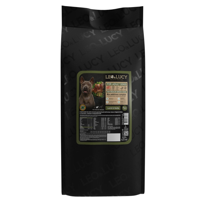LEO&amp;LUCY сухой холистик корм для взрослых собак средних пород с ягненком и травами - 4,5 кг