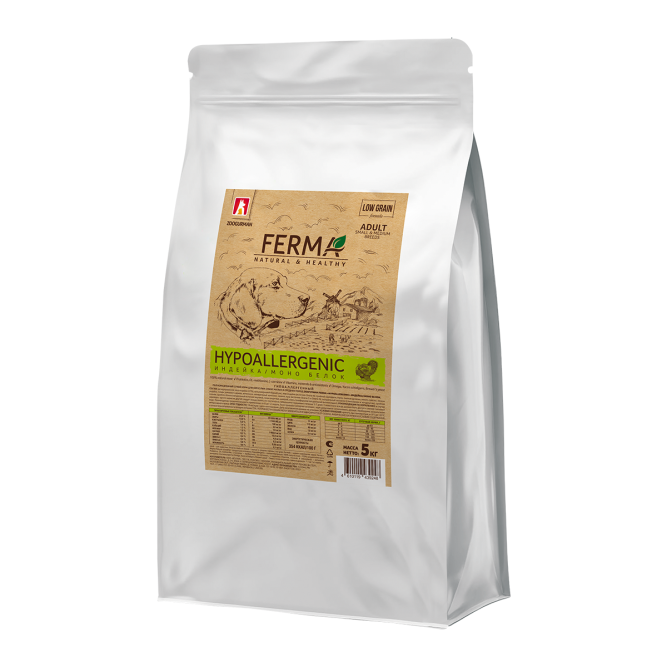 Зоогурман Ferma Hypoallergenic сухой гипоаллергенный корм для взрослых собак мелких и средних пород с индейкой и моно белком - 5 кг