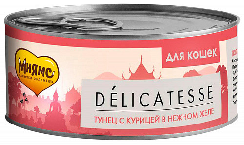 Мнямс Delicatesse влажный дополнительный корм для кошек тунец с курицей в нежном желе, в консервах - 70 г х 24 шт