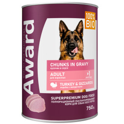 AWARD влажный корм для взрослых собак, кусочки с индейкой и желудочками в соусе, в консервах - 750 г х 12 шт