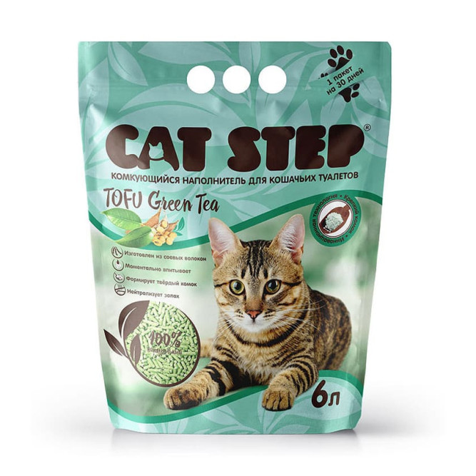 Cat Step Tofu Green Tea наполнитель растительный комкующийся с ароматом зеленого чая - 6 л (3 кг)
