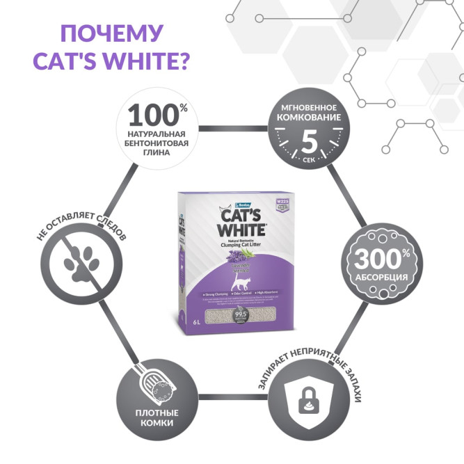 Cat's White Box Premium Lavender наполнитель комкующийся для кошачьего туалета с ароматом лаванды - 6 л