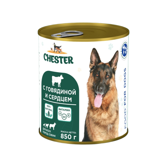 Chester влажный корм для взрослых собак всех пород, с говядиной и сердцем, в консервах - 850 г х 6 шт