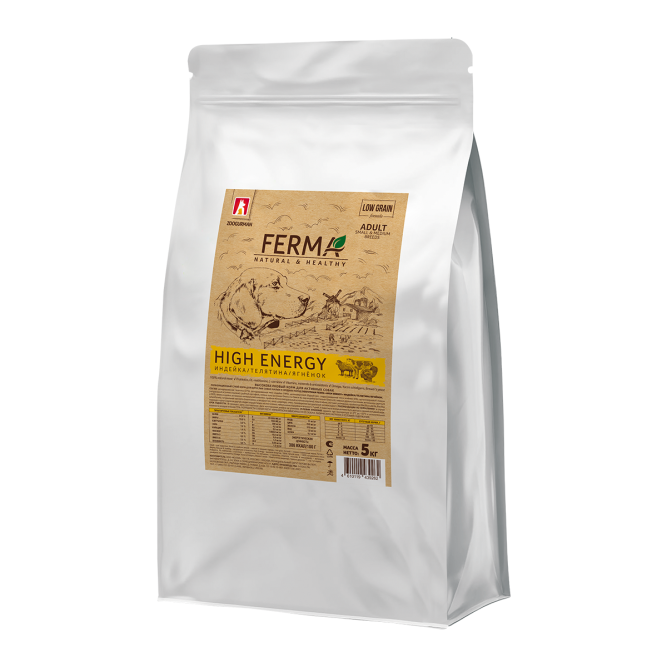 Зоогурман Ferma High Energy сухой высокобелковый корм для взрослых активных собак мелких и средних пород с индейкой, телятиной и ягненком - 5 кг