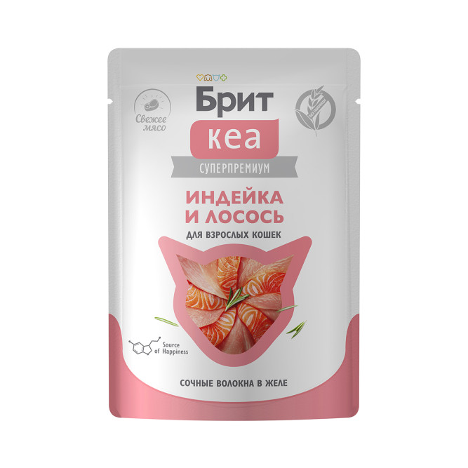Брит Кеа влажный дополнительный корм для взрослых кошек с индейкой и лососем, волокна в желе, в паучах - 75 г х 12 шт