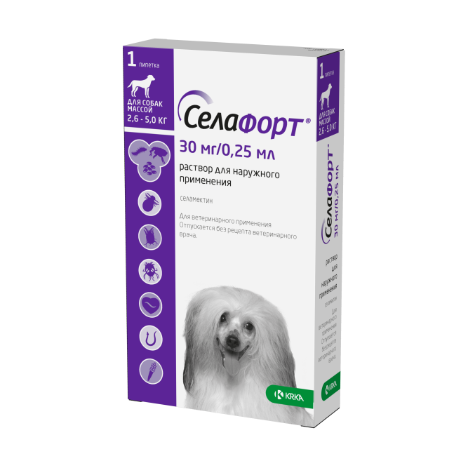 Селафорт капли от блох, вшей и власоедов для собак весом от 2,6 до 5 кг - 1 пипетка (30 мг/0,25 мл)