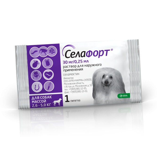 Селафорт капли от блох, вшей и власоедов для собак весом от 2,6 до 5 кг - 1 пипетка (30 мг/0,25 мл)