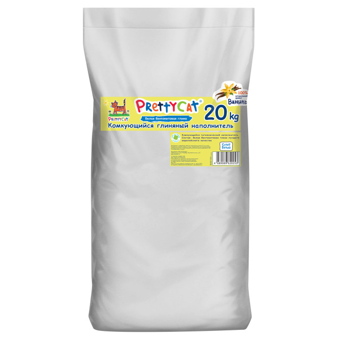PrettyCat Cупер Белый наполнитель бентонитовый комкующийся для кошачьего туалета, с ароматом ванили - 20 кг