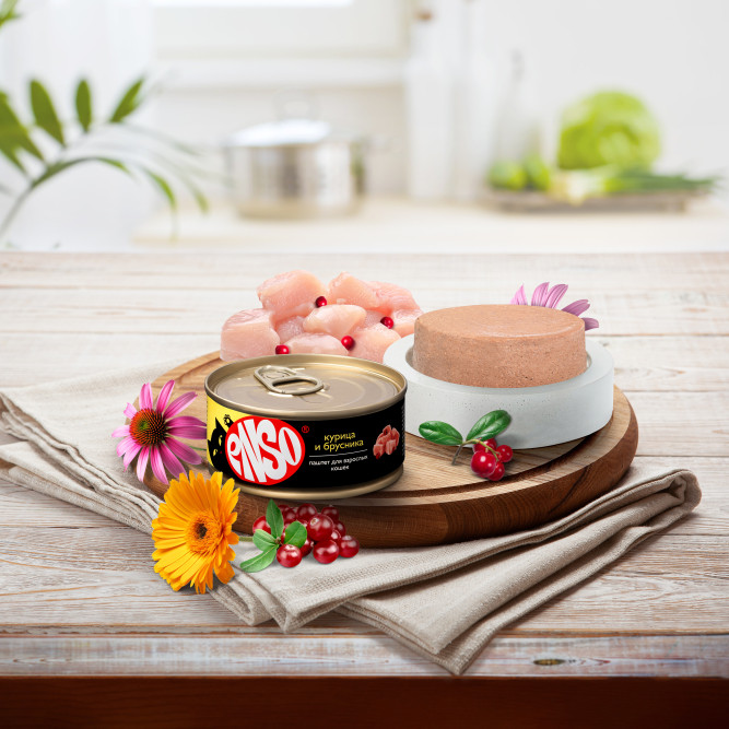 ENSO влажный корм для взрослых кошек, паштет с курицей и брусникой, в консервах - 100 г х 24 шт. СРОК ДО 11.2025