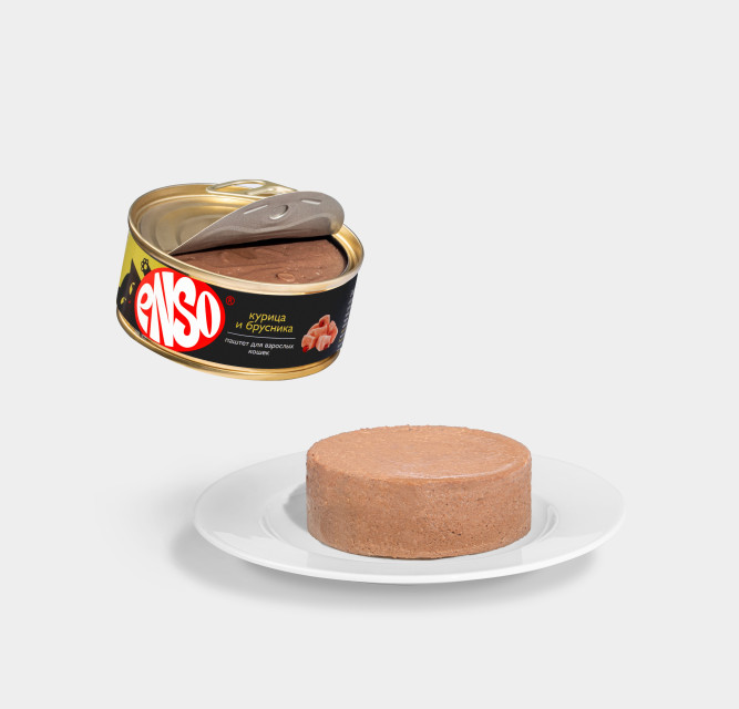 ENSO влажный корм для взрослых кошек, паштет с курицей и брусникой, в консервах - 100 г х 24 шт. СРОК ДО 11.2025
