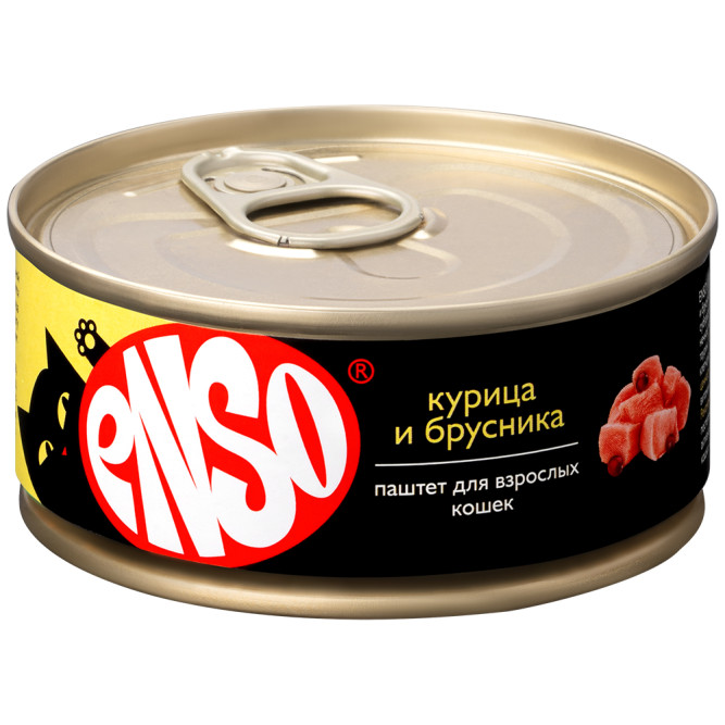 ENSO влажный корм для взрослых кошек, паштет с курицей и брусникой, в консервах - 100 г х 24 шт. СРОК ДО 11.2025